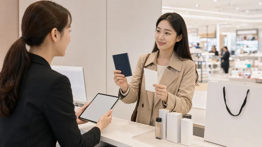 Textless generated photo of a traveler showing passport cover and blank receipt for tax-free shopping.