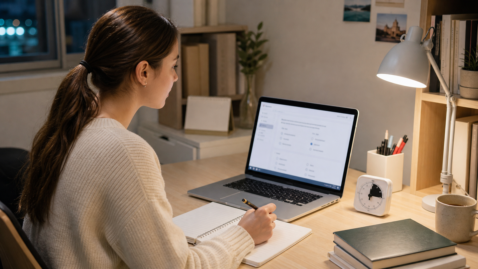 A female learner practices a blurred Korean mock test on a laptop at home.
