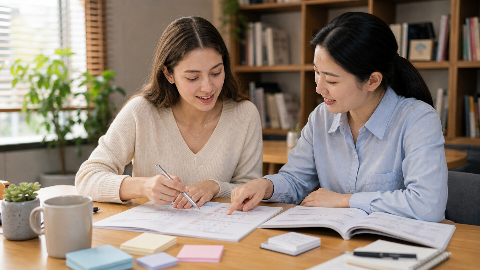 A female Korean learner reviews blurred question instructions with a female tutor.