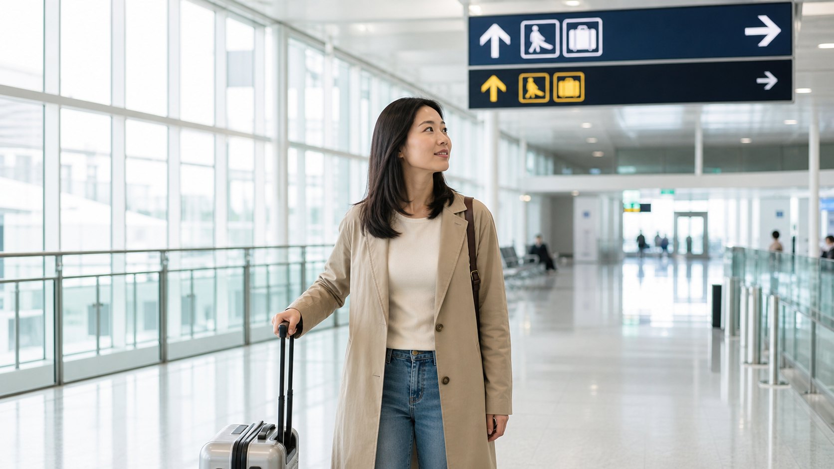 Adult woman traveler walking through an airport arrival corridor toward immigration.