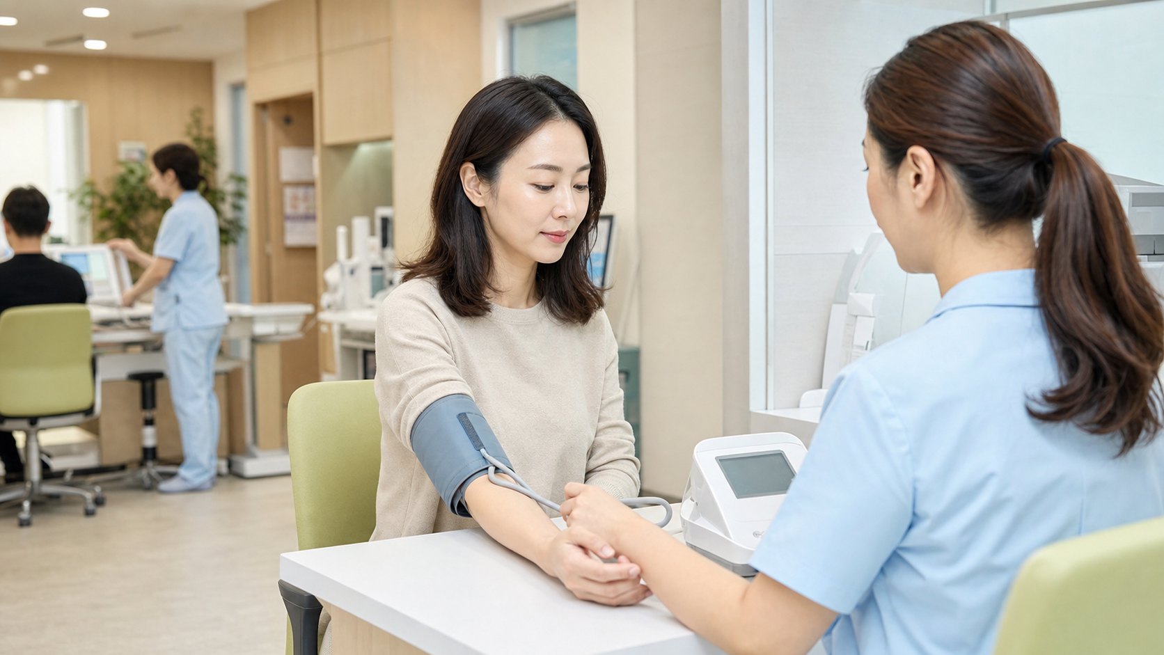 Adult woman having her blood pressure checked during a community health center checkup.