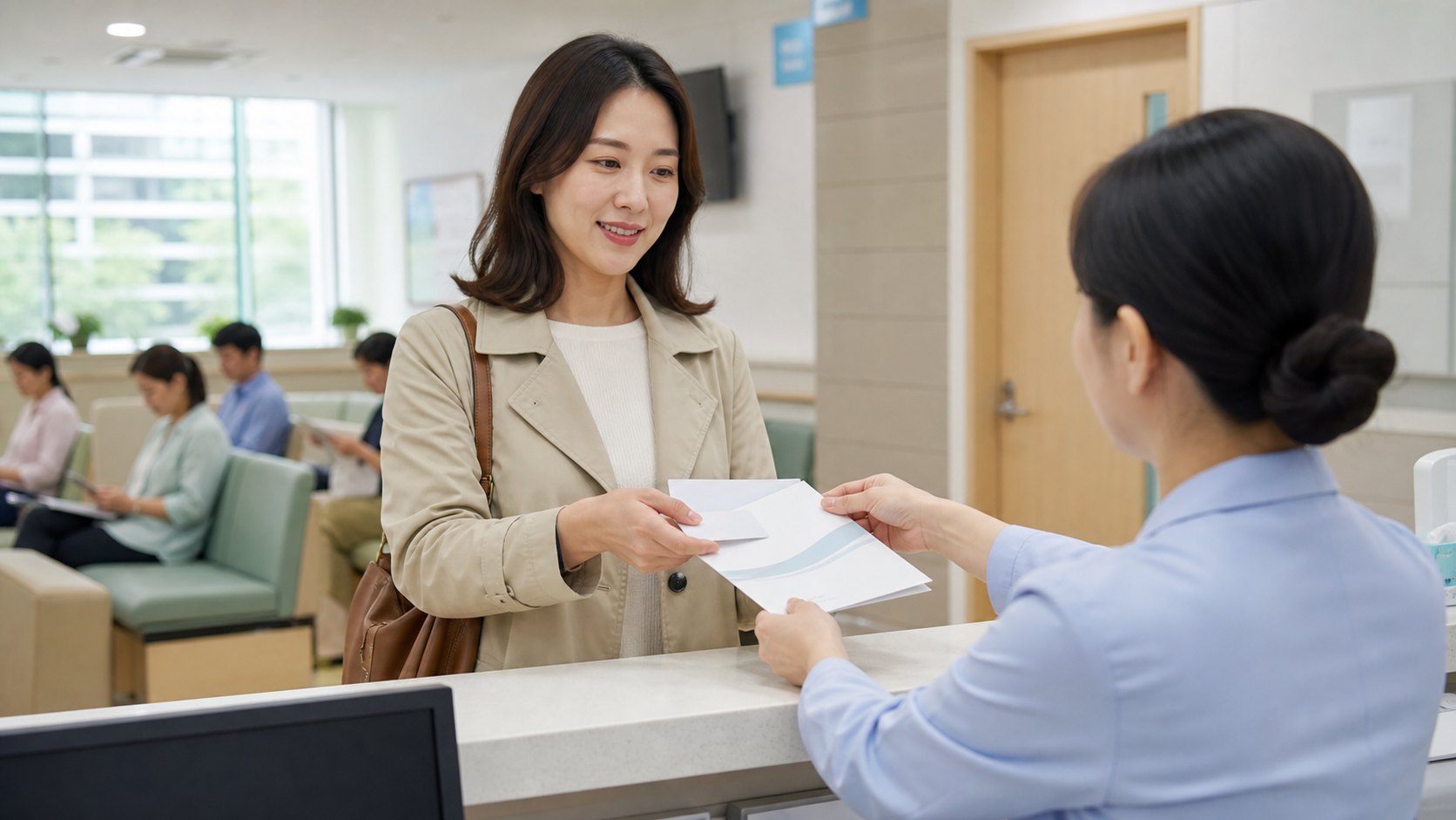 Adult woman receiving follow-up guidance at a Korean community health center counter.