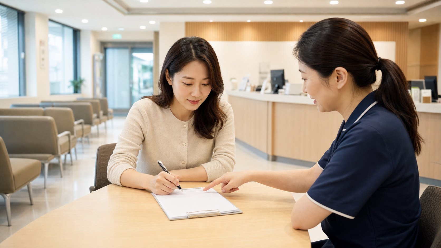 Adult woman filling out a generic health questionnaire at a community health center.