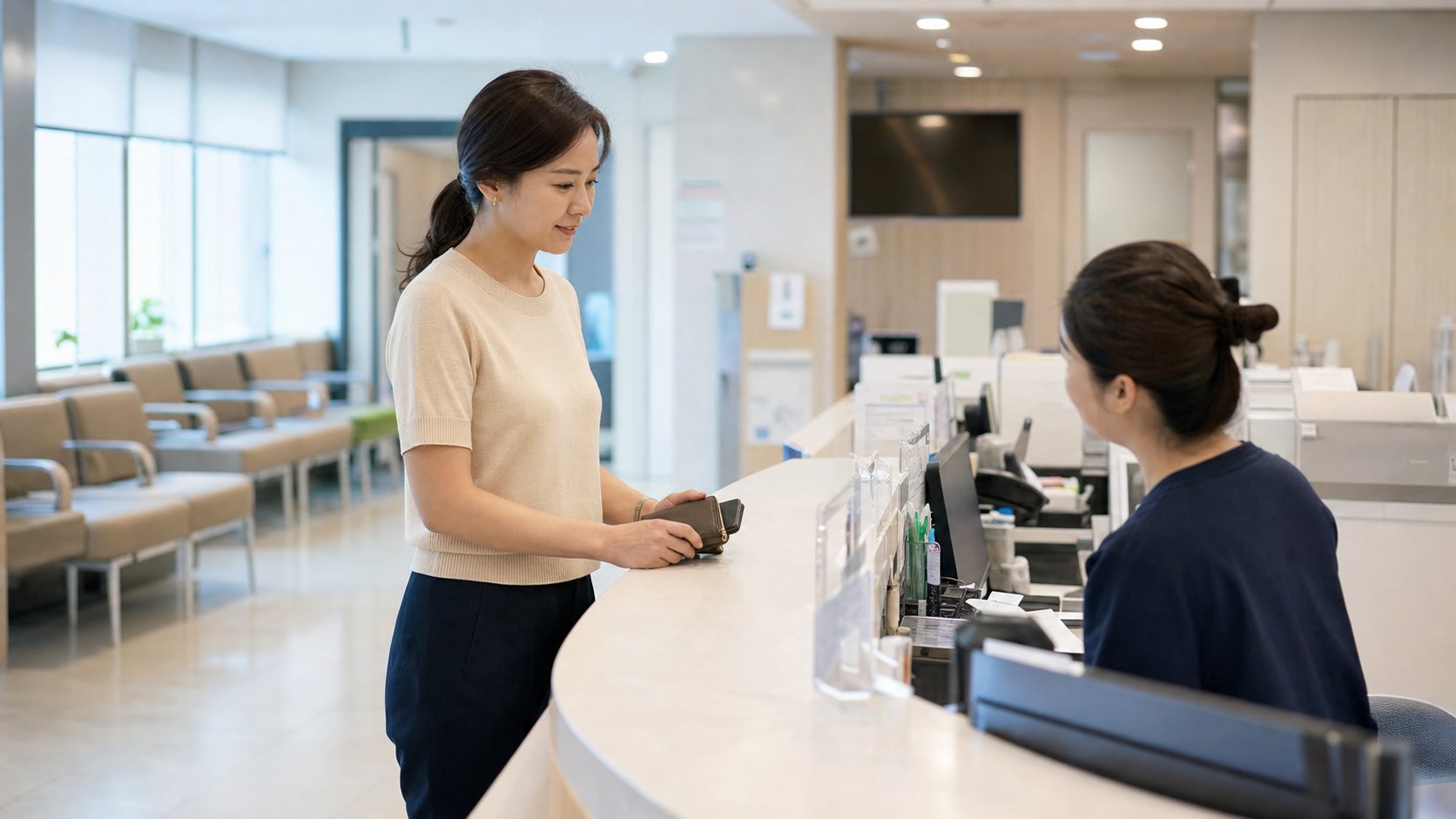 Adult woman checking in at a Korean community health center reception desk.