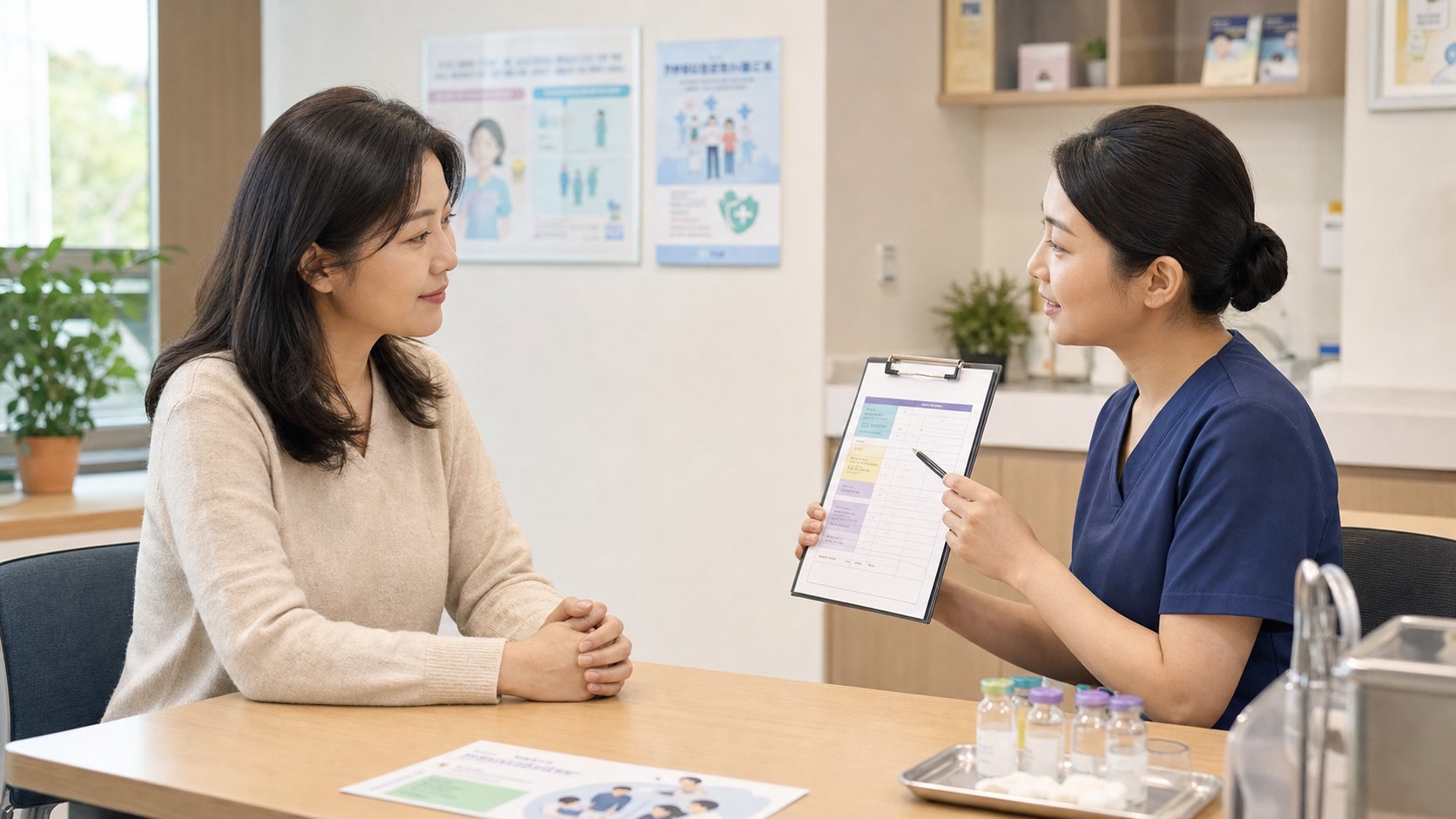 Adult woman listening to vaccination guidance from health center staff.