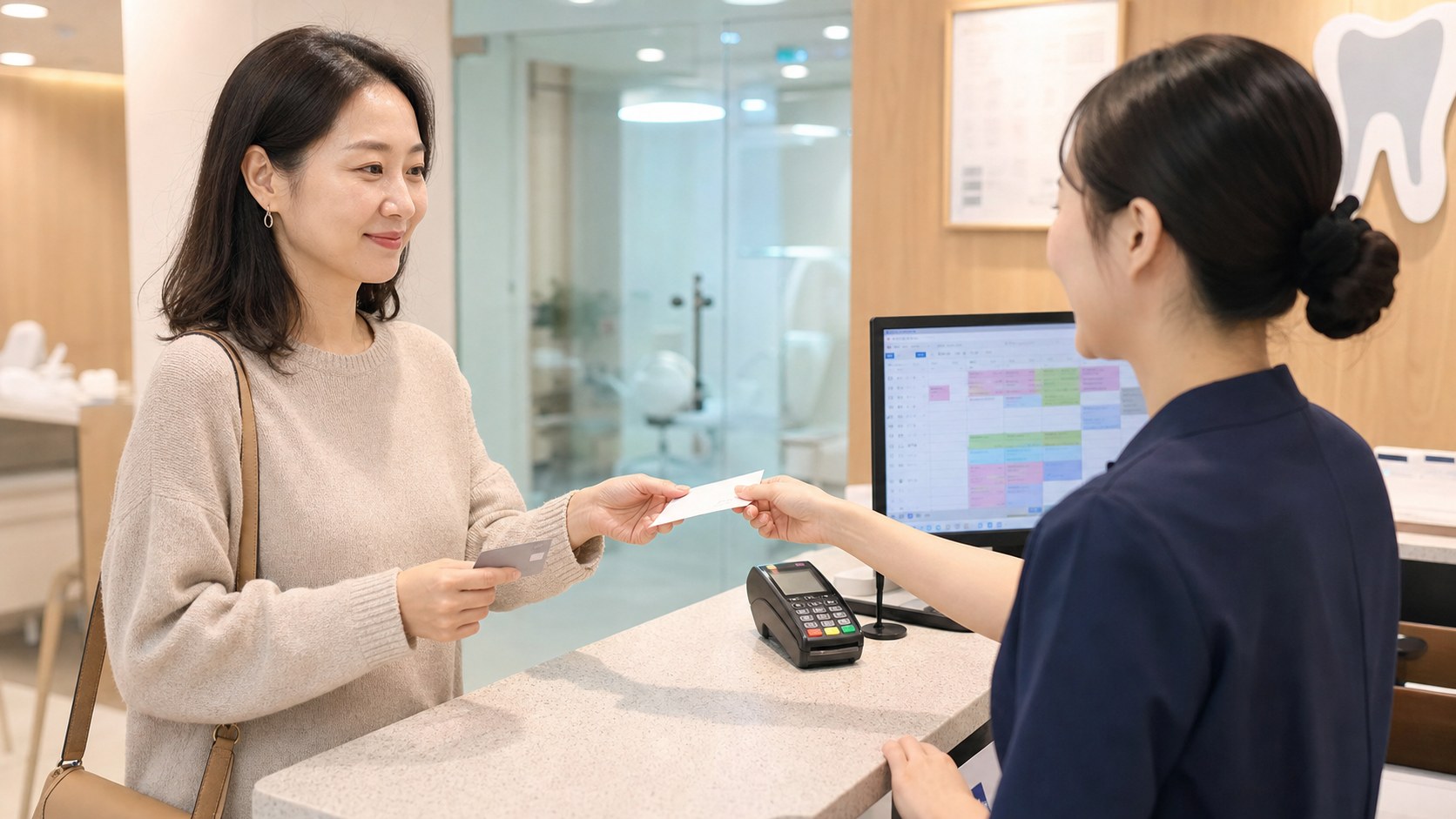 Adult woman paying and booking a follow-up appointment at a dental clinic counter.