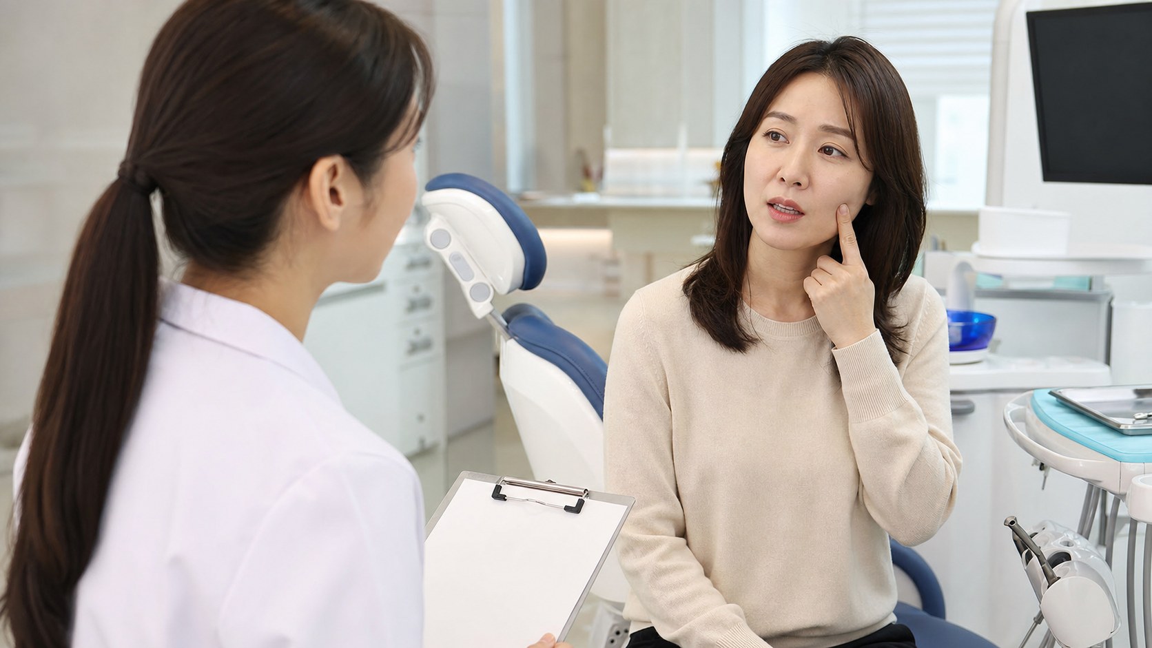 Adult woman explaining tooth pain to dental staff in a clinic room.