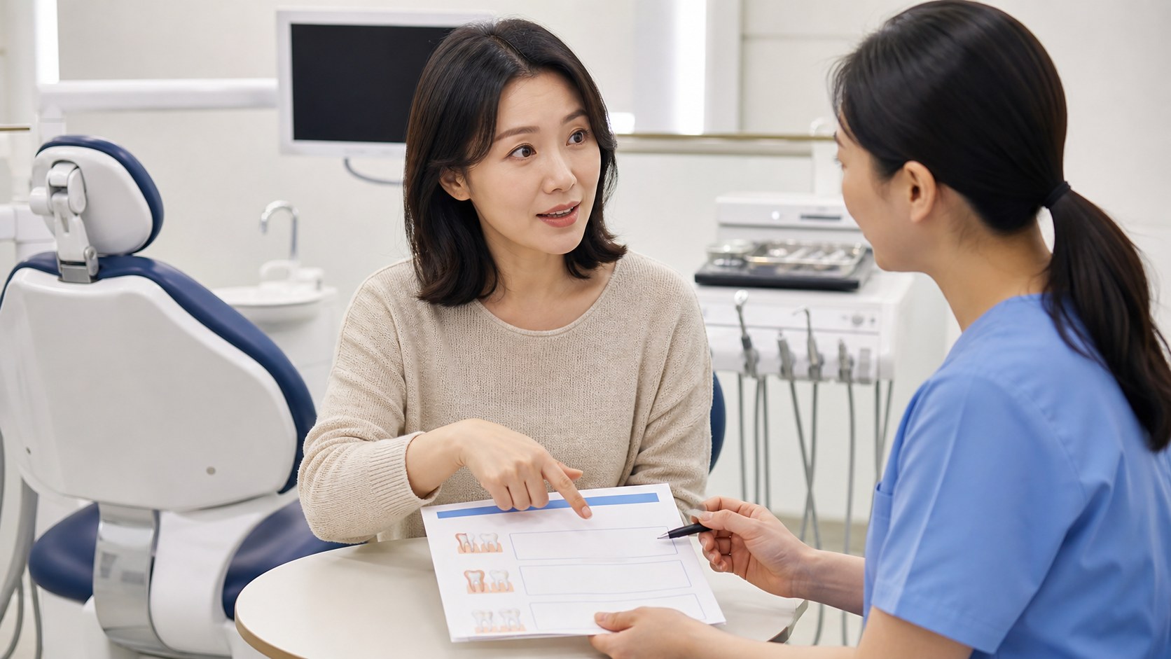 Adult woman discussing dental treatment options and cost with clinic staff.