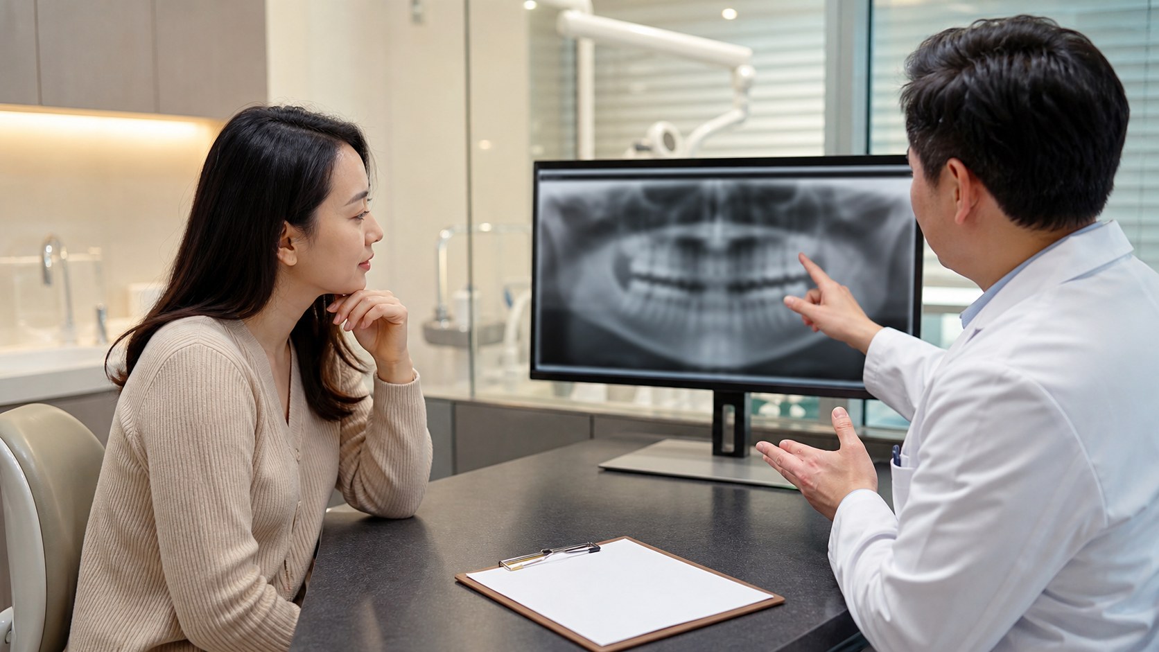 Adult woman reviewing a generic dental X-ray explanation with a dentist.